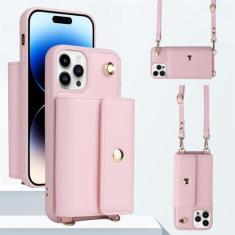 Imagem de Capa de telefone com alça de ombro carteira para iPhone 15 Pro Max 14 13 12 11 Pro Max 15 Plus 14 Plus Capa traseira de couro com cordão para cartão, rosa, para iPhone 15