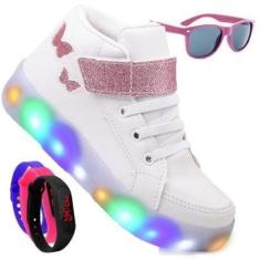 Imagem de Tenis Infantil De Led Botinha Borboleta Meninas Feminino Brilhante + Oculos Relogio-Feminino