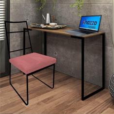 Imagem de Kit Escritório Stark Cadeira e Mesa Industrial Ferro Preto Tampo MDF Caramelo Suede Rose Gold - Ahz Móveis