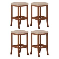 Imagem de Kit 4 Banquetas Alta Estofada Barcelona 38x74Cm Bancada Bar Madeira Maciça Castanho Suede Bege - CCS