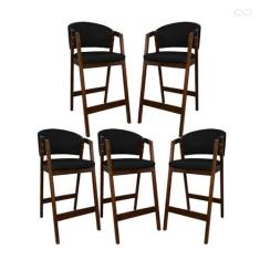 Imagem de Kit 5 Banquetas Alta com Encosto Ravena Madeira Maciça Maciça Pinhão Sintético Preto CCS