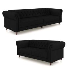 Imagem de Conjunto De Sofá Stanford Chesterfield 2 E 3 Lugares 180cm-260cm Pés Madeira Couro Preto G58 Gran Belo