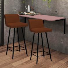 Imagem de Kit Mesa Suspensa de Parede Fixa MDF Rosa + 2 Banquetas Lexi Ferro Preto Suede Terracota - Ahazzo Móveis
