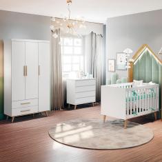 Imagem de Quarto de Bebê Retrô Ludmila Berço 3 em 1 Guarda Roupa 3 Portas Cômoda Infantil Branco Carolina Baby
