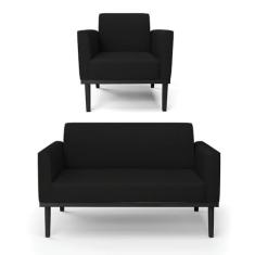 Imagem de Sofá Namoradeira com Poltrona Base de Madeira Fixa Preto Marisa Linho Preto A79 D03 - D...