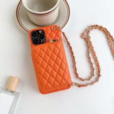 Imagem de Bolsa com alça de cordão crossbody capa de telefone para iPhone 15 14 13 12 11 Pro Max com zíper carteira porta-cartões corrente capa de couro PU, laranja, para iPhone 12 Pro