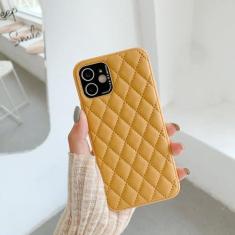 Imagem de Capa de telefone de couro duro de treliça de proteção de pára-choques de luxo para iPhone 13 12 Pro Max 7 8 Plus X XS XR 11 SE 2022 Capa de lente de metal, amarela, para iPhone 13