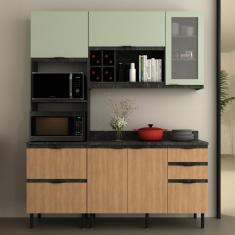 Imagem de Cozinha Modulada 3 Peças com Tampo Begônia Tecno Mobili - Marmore Lunar/Freijo/Verde Mar