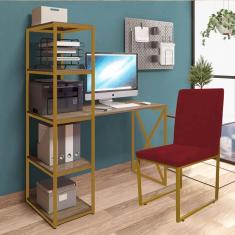 Imagem de Kit Escritório Mesa Max BeX 5 Prateleiras e Cadeira Stan Dourado Tampo Imbuia Corino Vermelho - Ahz Móveis