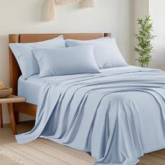 Imagem de Shilucheng Jogo de lençol King de 6 peças, lençóis refrescantes, rayon misto derivado de bambu, bolso profundo de até 40,6 cm, lençóis de cama respiráveis e macios, conjunto de cama sedoso de hotel,