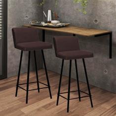 Imagem de Kit Mesa Suspensa de Parede Fixa MDF Caramelo + 2 Banquetas Lexi Ferro Preto Corino Marrom - Ahazzo Móveis