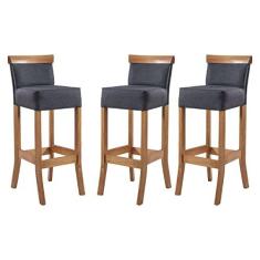 Imagem de Kit 3 Banquetas Alta Encosto Estofada 36x100 Cm Diamantina Madeira Maciça Mel Linho Cinza L67 - RMI