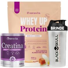 Imagem de Creatina Monohidratada Pure Whey Protein Up Coqueteleira Sanavita - Kit Whey Up 22g Proteína + Creatina Monohidratada 100% Pure + Coqueteleira - Sanavita - Desempenho Físico - Força - Saúde (Whey Up Baunilha&Caramelo + Creatina 100g Pure)