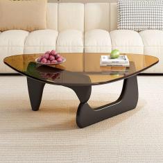 Imagem de Mesa de centro de vidro triangular, mesa final de vidro preto vintage, mesa final moderna com base de madeira maciça para sala de estar, pátio, escritório, pernas pretas + a, 114 × 82 × 40 c