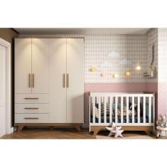 Imagem de Conjunto para Quarto de Bebê com Guarda Roupa 4 Portas 3 Gavetas e Berço Retrô Móveis Peroba Branco Brilho/Carvalho
