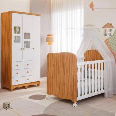 Imagem de Quarto de Bebê Completo Uli com Guarda Roupa 3 Portas 3 Gavetas e Berço Americano 100% MDF Móveis Peroba