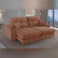 Imagem de Sofá Retrátil Reclinável com Porta Copos 210cm Istambul Yescasa Marrom Claro