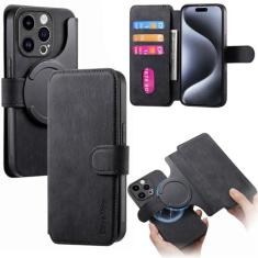 Imagem de CCSmall Capa carteira magnética destacável para iPhone 15 Pro Max para homens e mulheres, material com bloqueio de RFID, capa de couro flip retrô com compartimentos para cartões para iPhone 15 Pro Max