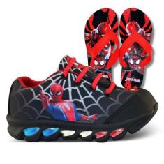Imagem de Tênis de LED Infantil Menino Aranha Masculino + Chinelo - Kids, Preto,