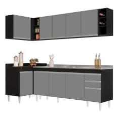 Imagem de Armário de Cozinha Modulado de Canto Direito 5 Peças CP45 com Pia Inox Preto/Cinza - Lumil
