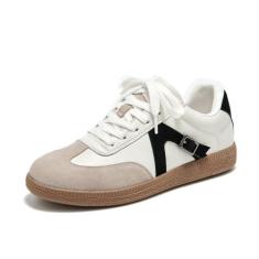 Imagem de BEAU TODAY Tênis feminino moderno, retrô, confortável, com cadarço, tênis feminino, decoração de fivela, casual, couro, caminhada, moderno, Preto/branco, 38