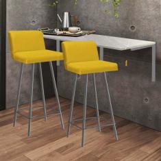 Imagem de Kit Mesa Suspensa de Parede Fixa MDF Marmorizado + 2 Banquetas Lexi Ferro Prata Sintético Amarelo - Ahazzo Móveis
