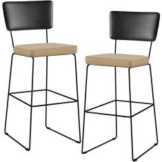 Imagem de Kit 02 Banquetas Altas Preto Linho Bege Escuro