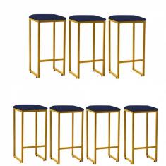 Imagem de Kit 07 Banqueta Alta Lua Dourado Corino Azul Marinho