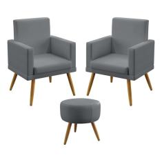 Imagem de Kit 2 Poltronas Decorativas Estofada Para Sala De Estar Nina e Puff Solar Com Rodapé Sued  Aradecor