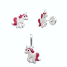 Imagem de Conjunto Pingente Brinco Infantil Prata Pura 925 Unicornio - Lojas La+