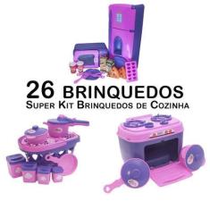 Imagem de Kit Cozinha Infantil Geladeira Microondas Panelas Fogão 26Pç - Altimar