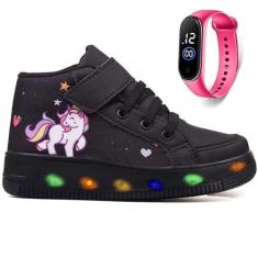 Imagem de Tenis Botinha Infantil Feminina Unicornio De Led Luzinha Meninas + Relógio
