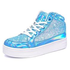 Imagem de IGxx Tênis feminino com glitter, preto, cano alto, brilhante, brilhante, elegante, lantejoulas, metálicos, discoteca, festa, casamento, fantasia, Azul-celeste, 37