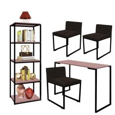 Imagem de Kit Escritório Ravi 3 Cadeiras Suede Marrom com 1 Mesa e 1 Livreiro Ferro Preto MDF Rose Rosa - Ahazzo Móveis