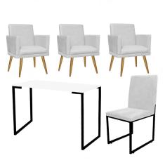Imagem de Kit Escritório Stan 3 Poltronas Rodapé com Cadeira e Mesa Industrial Branco Preto Tecido Sintético Branco - Ahz Móveis