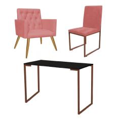 Imagem de Kit Escritório Stan Poltrona Capitonê com Cadeira e Mesa Industrial Preto Bronze Suede Rose Gold - Ahz Móveis