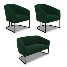 Imagem de Sofá Namoradeira E 2 Poltronas Industrial Pto Stella Bouclê Verde D03 - D`rossi