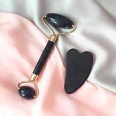 Imagem de Rolo Massageador Jade Pedra Natural de Obsidiana e Gua Sha - WapShop