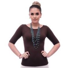 Imagem de Blusa Feminina Meia Manga com Proteção Solar UV Marrom Decote Canoa