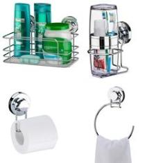 Imagem de Kit Porta Shampoo + Porta Escova De Dente + Porta Papel Higiênico + Toalheiro Argola 18 Cm Ventosa