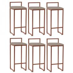 Imagem de Kit 06 Banqueta Alta Lina Industrial Cozinha Bar Balcão Bistrô Ferro Bronze Corino Bege - Ahazzo Móveis