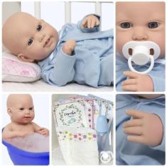 Imagem de Boneco Bebe Reborn Realista Menino Careca Com Kit 10 Itens - Cegonha R
