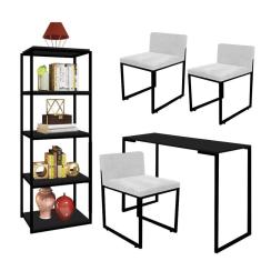 Imagem de Kit Escritório Ravi 3 Cadeiras Suede Branco com 1 Mesa e 1 Livreiro Ferro Preto MDF Preto - Ahazzo Móveis