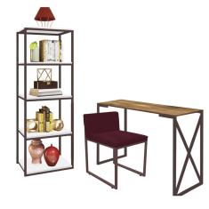Imagem de Kit Escritório Bex 1 Cadeira Suede Bordô com 1 Mesa e 1 Livreiro Ferro Marrom MDF Freijó - Ahazzo Móveis