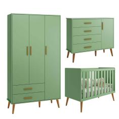 Imagem de Quarto Isis Berço Americano 2 em 1 + Comoda Sapateira + Guarda Roupa Isis Retrô 3 Portas 2 Gavetas Botanico Fosco - Reller