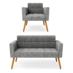 Imagem de Kit 1 Sofá Namoradeira e 1 Poltrona Elisa Linho Pés Palito Castanho - D`Rossi