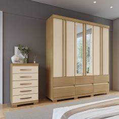 Imagem de Kit Guarda Roupa Casal Arizona 6 Portas com Espelho e Cômoda 5 Gavetas Aspen I01 - Clique Chique Móveis