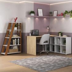 Imagem de Conjunto Home Office com Escrivaninha em L com 8 Nichos e Estante Escada Organizadora Branco com carvalho e freijó