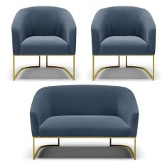 Imagem de Namoradeira e 2 Poltronas Base Industrial Dourado Stella Suede Azul Marinho D03 - D`Rossi