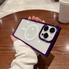 Imagem de Capa transparente luxuosa de carga sem fio para iPhone 14 13 12 11 Pro Max Plus Quadrado Magnético Bumper Capa Transparente, Roxa, para iPhone 12Pro